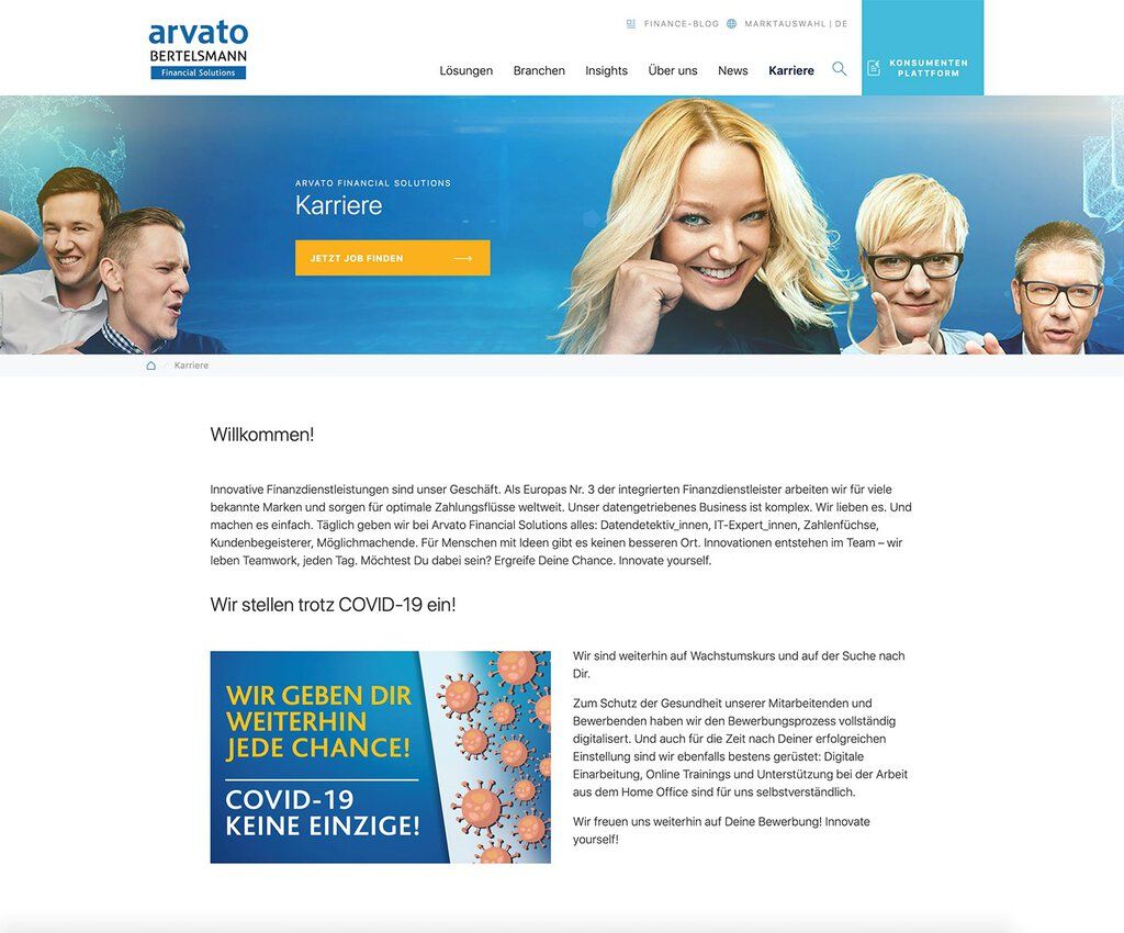 Screenshot der Karrierewebsite von Arvato.
