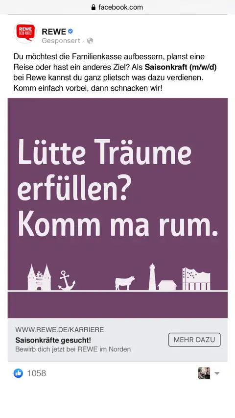 Facebook-Ausschnitt mit Rewe-Post "Lütte Träume erfüllen? Komm ma rum."