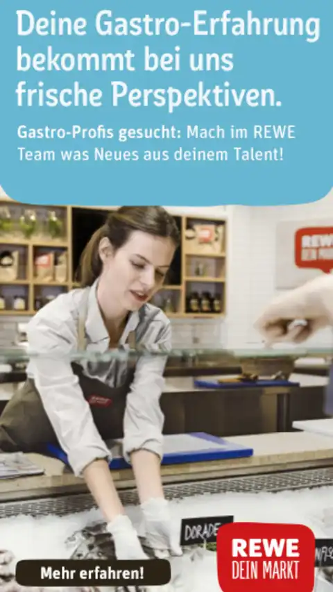 Eine Fischverkäuferin bei der Arbeit hinter der Fischtheke. Dazu der Text "Dein Gastro-Erfahrung bekommt bei uns frische Perspektiven." 