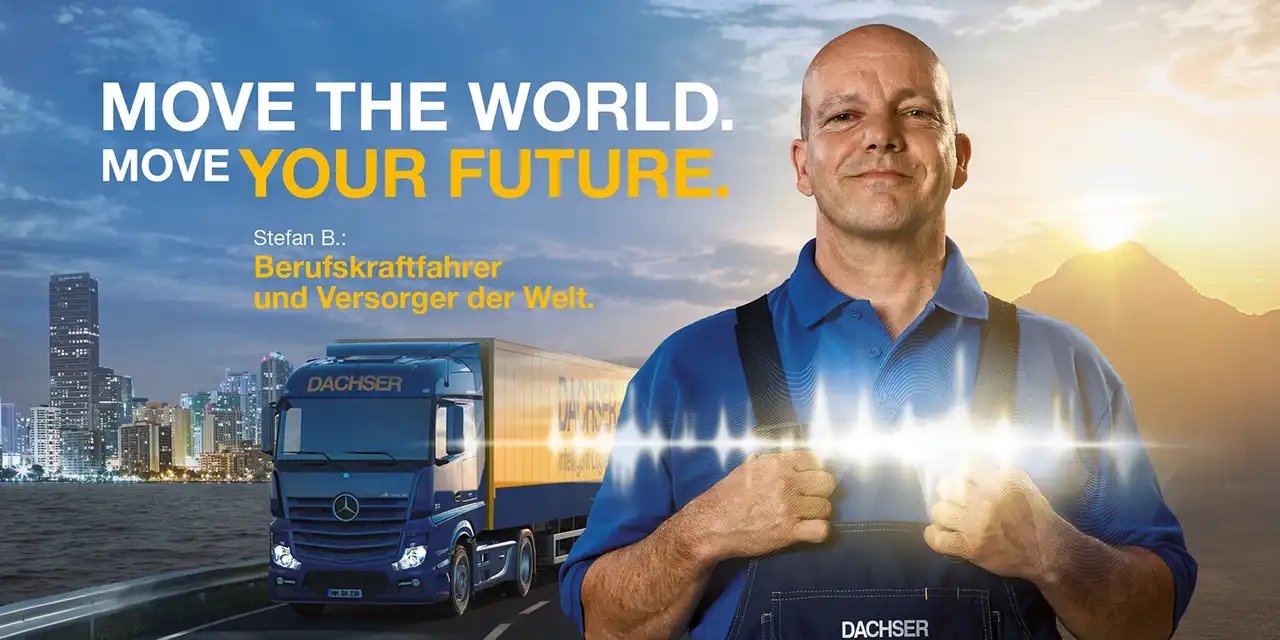 Ein Dachser Mitarbeiter im Vordergrund, ein Dachser LKW im Hintergrund.