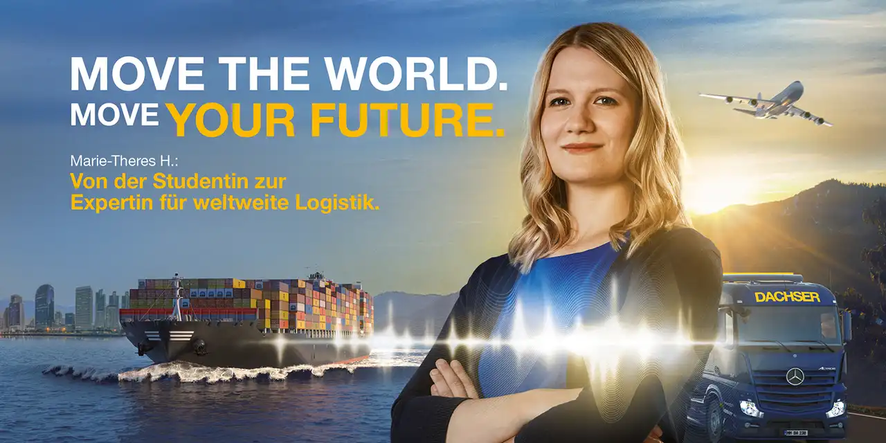 Eine Dachser Mitarbeiterin im Vordergrund, ein Dachser LKW und ein Frachtschiff im Hintergrund.