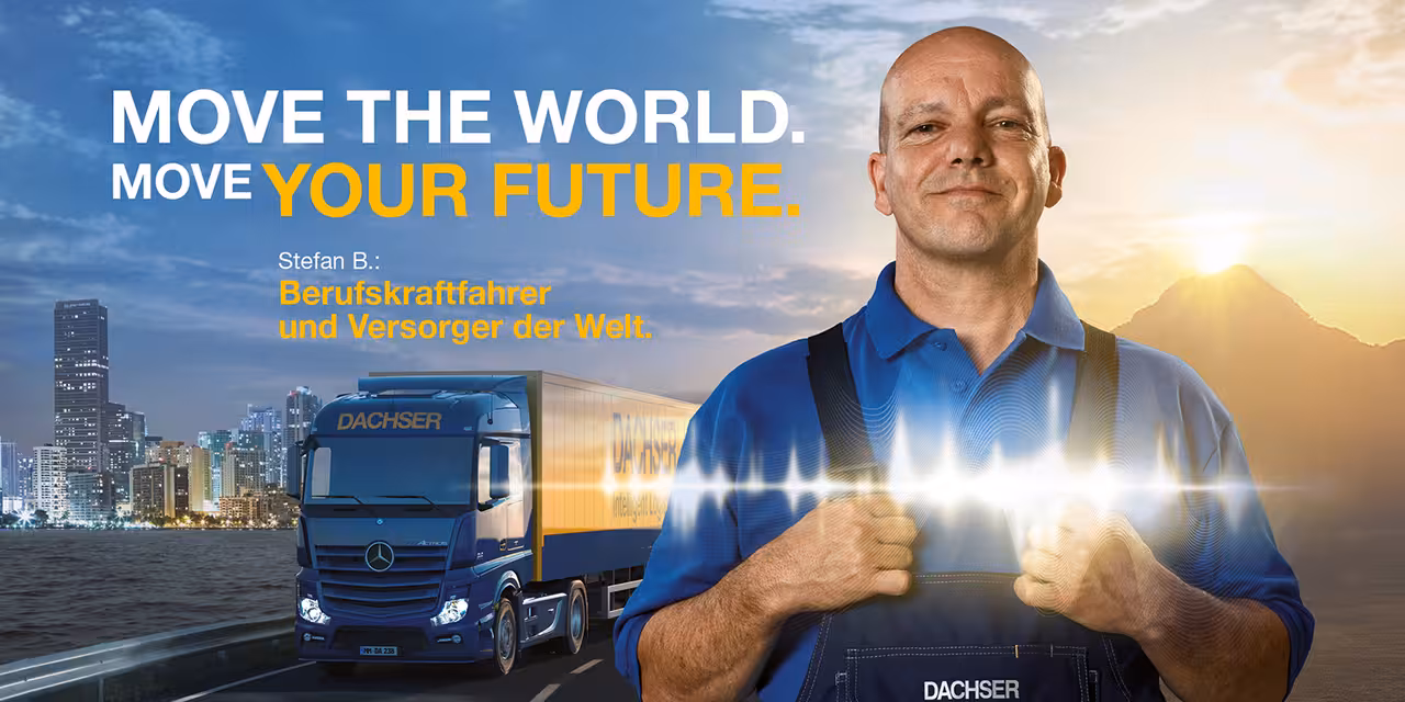 Ein Dachser Mitarbeiter im Vordergrund, ein Dachser LKW im Hintergrund.