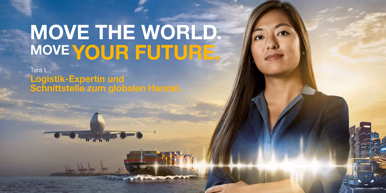 Eine Dachers Mitarbeiterin im Vordergrund, ein Flugzeug und ein Frachtschiff im Hintergrund.