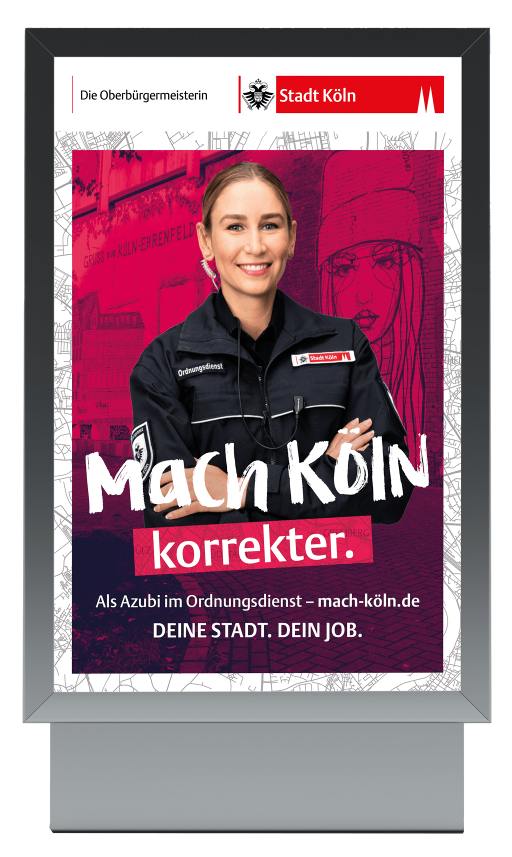 Werbeplakat der Stadt Köln mit dem Satz "Mach Köln korrekter"