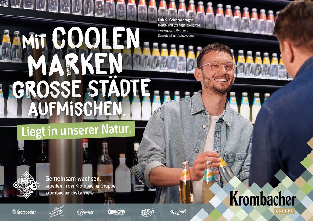 Ein Werbeplakat mit einem Krombach-Mitarbeiter und dem Text: Mit coolen Marken grosse Städte auffischen. Liegt in unserer Natur.