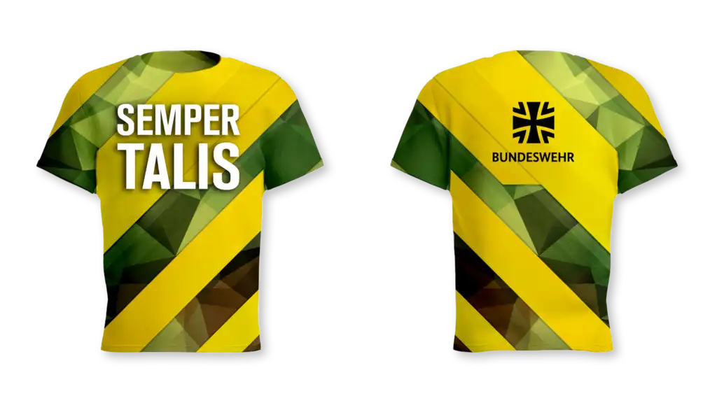 Ein Trikot, auf der Vorderseite steht "Semper Talis" und auf der Rückseite das Bundeswehrlogo.