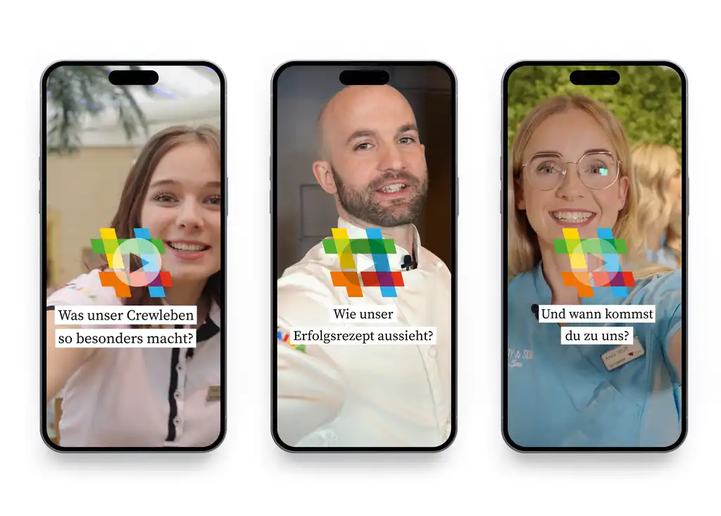 Drei AIDA Mitarbeiter werden in jeweils einem Handy-Screen gezeigt mit den Texten "Was unser Crewleben so besonders macht?" und "Wie unser Erfolgsrezept aussieht?" und "Und wann kommst du zu uns?"