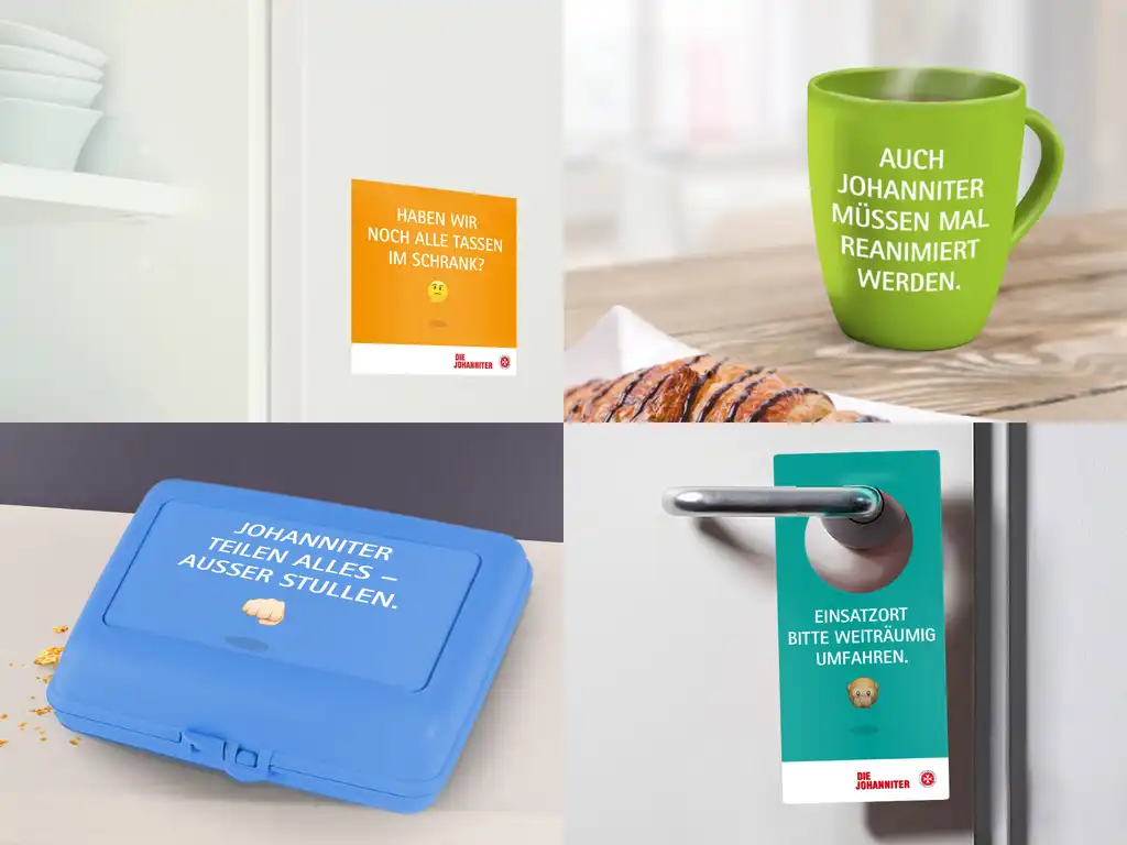 Eine Auswahl verschiedener Werbegeschenke der Johanniter Unfall Hilfe.