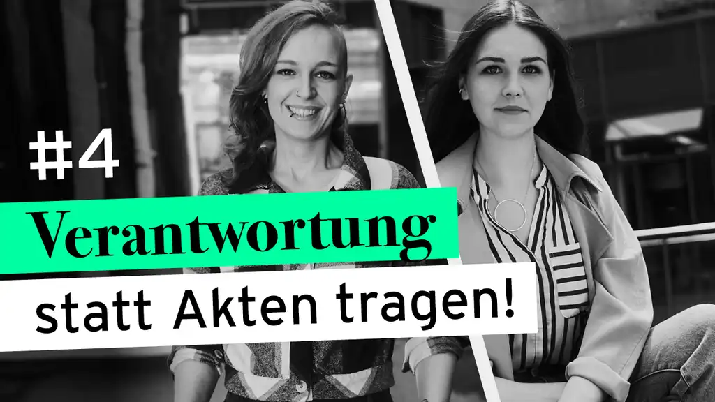 Zwei Mitarbeiterinnen der Justiz NRW. Dazu der Text "Verantwortung statt Akten tragen!"