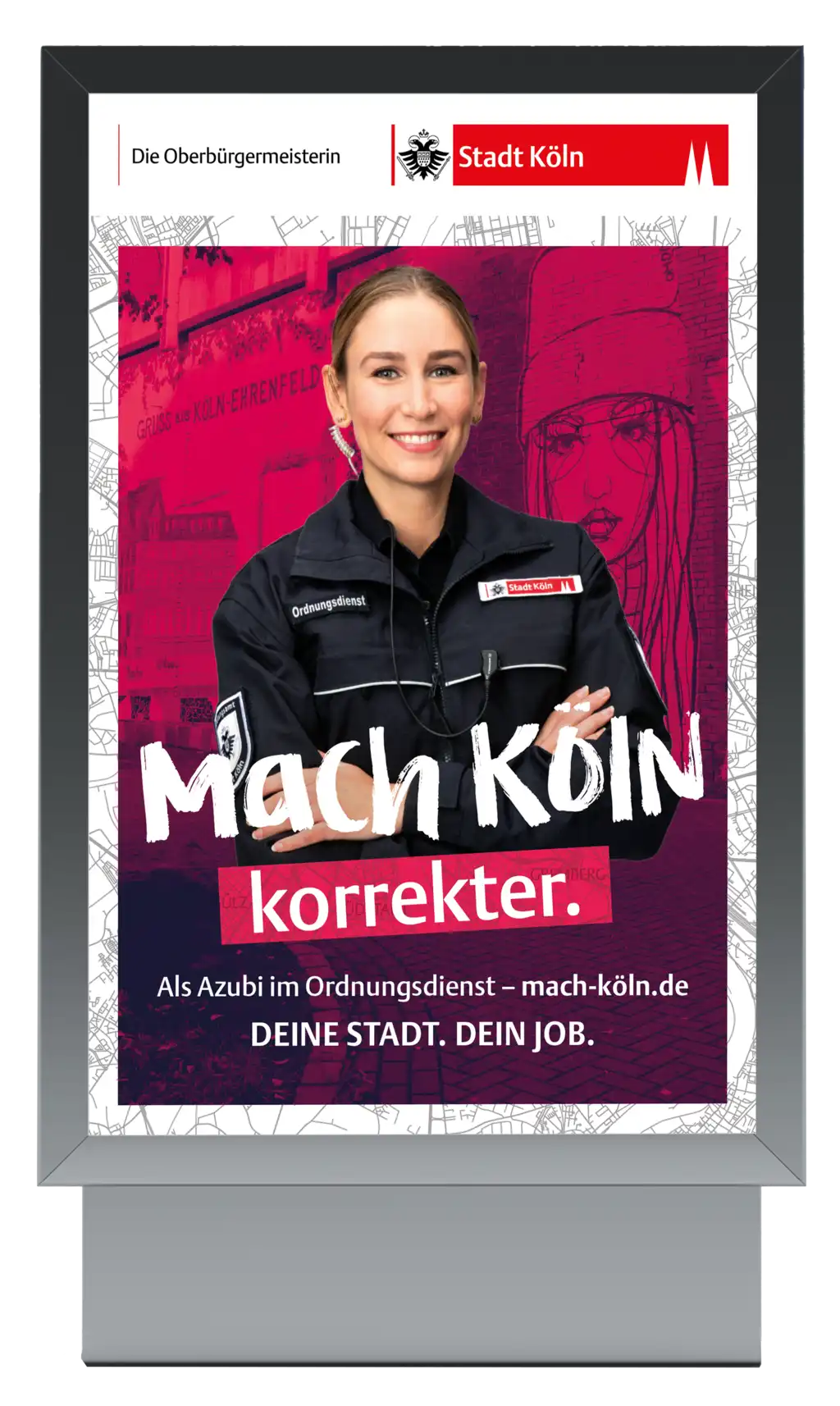 Werbeplakat der Stadt Köln mit dem Satz "Mach Köln korrekter"