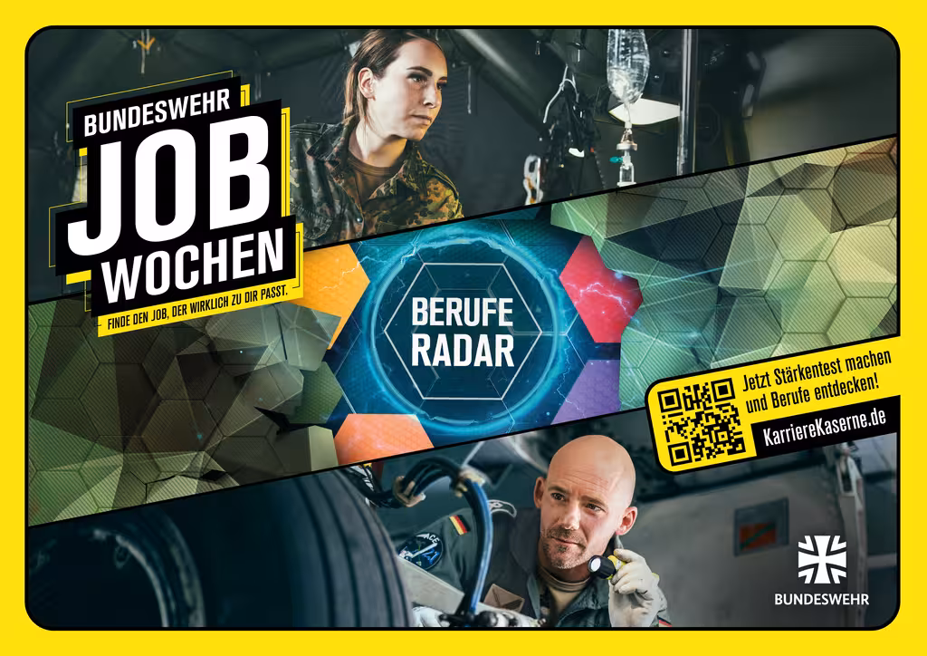 Eine Kollage aus mehreren Bildern: Ein Soldatin im Sanitätsdienst, ein Soldat am Flugzeug, das Logo zum "Beruferadar".