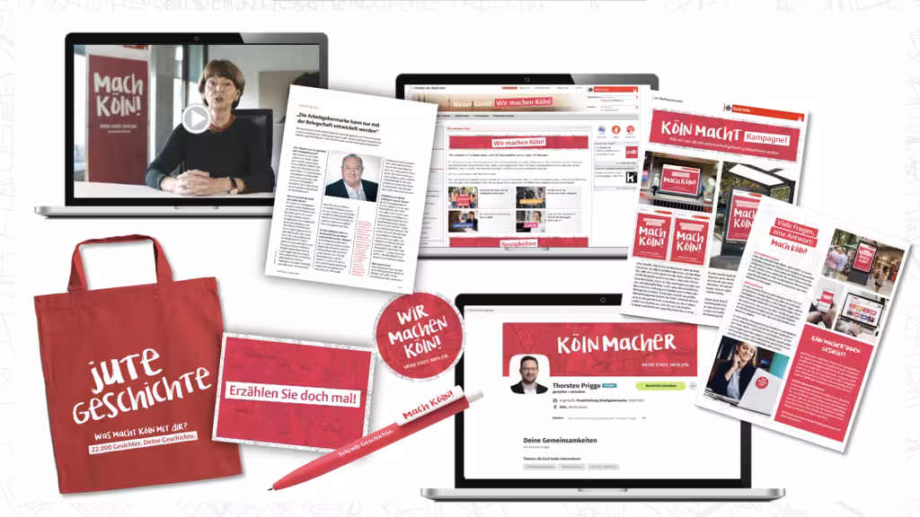Verschiedene Werbeprodukte zum Aufruf der Stadt Köln. Eine Tasche, ein Kugelschreiber, eine Postkarte und Prospekte.