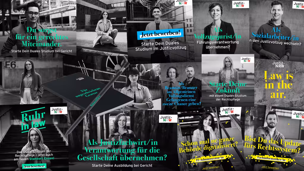 Eine Collage aus mehreren Motiven der Justiz-Werbekampagne.