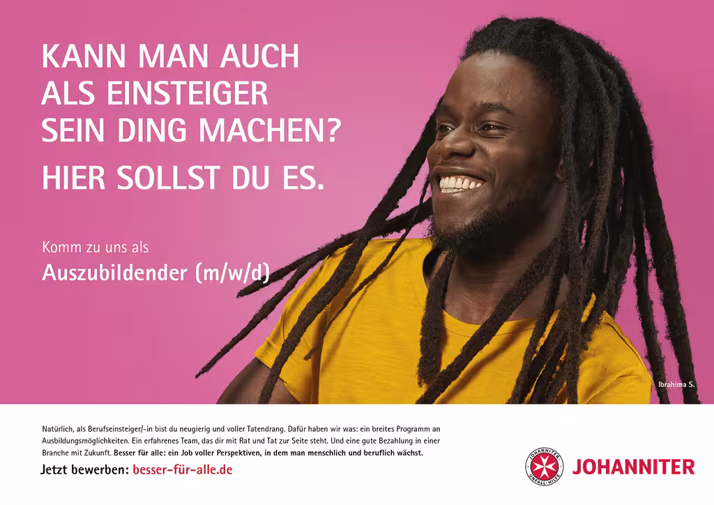 Ein Auszubildender der Johanniter Unfall Hilfe und der Text "Kann man auch als Einsteier sein Ding machen? Hier sollst du es."