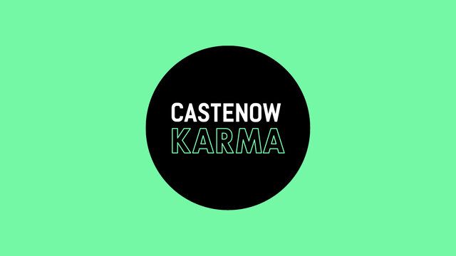 Das Logo "CASTENOW KARMA". Weiße Schrift in schwarzem Punkt auf grünem Hintergrund.