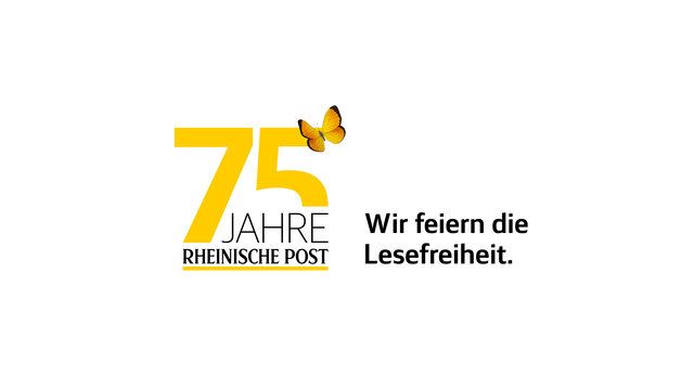 Der Text auf weißem Hintergrund: 75 Jahre Rheinische Post. Wir feiern die Lesefreiheit.