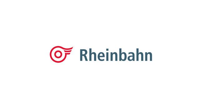 Das Logo der Rheinbahn mit dem Namen auf weißem Hintergrund.