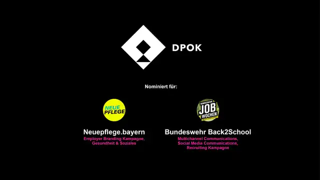 Drei verschiedenen Logos mit Text auf schwarzem Hintergrund.