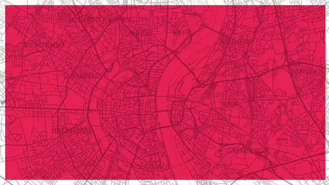Die Karte der Stadt Köln vor rotem Hintergrund.