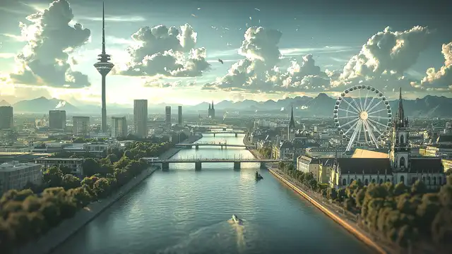 Düsseldorf und München an einem Fluss. Ein von KI erstelltes Bild.