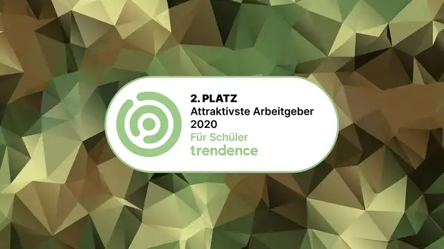 Logo des Trendence Jugenbarometers 2020 auf Polygonhintergrund in den Flecktarnfarben der Bundeswehr.