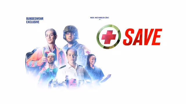 Verschiedene Mitarbeiter im Sanitätsdienst der Bundeswehr neben dem Logo