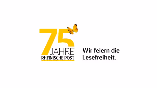 Der Text auf weißem Hintergrund: 75 Jahre Rheinische Post. Wir feiern die Lesefreiheit.