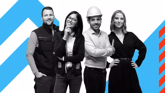 Vier Mitarbeiter der Stadt Frankfurt stehen nebeneinander und lachen in die Kamera.