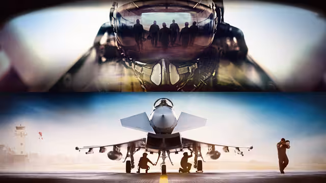 Ein zweigeteiltes Bild: oben ein Jetpilot mit Helm und Maske im Cockpit, unten ein Flugzeug auf der Landebahn unter dem zwei Personen arbeiten. 