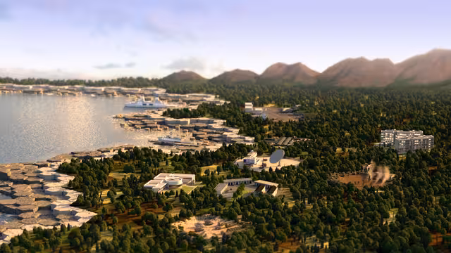 Ansicht einer Landschaft mit Küste und Bergen im Hintergrund