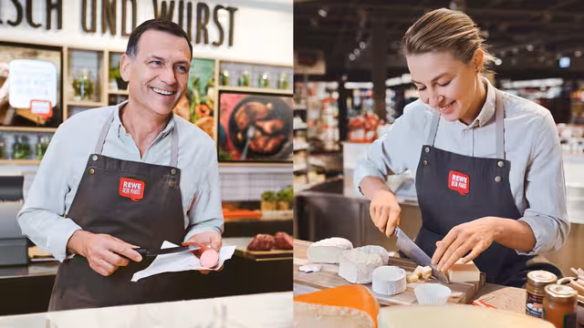 Ein Fleischfachverkäufer  und eine Käseverkäuferin bei der Arbeit.