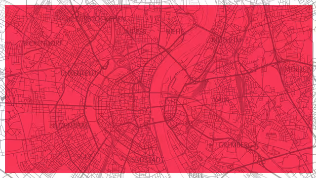 Die Karte der Stadt Köln vor rotem Hintergrund.