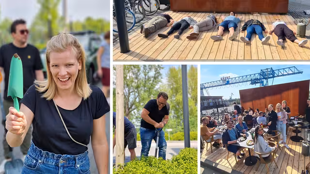 Die Mitarbeiter der Castenow GmbH arbeiten gemeinsam an einer Outdoor-Terrasse.