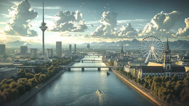 Düsseldorf und München an einem Fluss. Ein von KI erstelltes Bild.