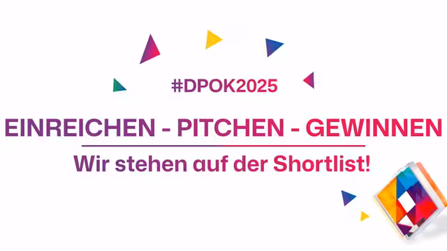 Der Text Wir stehen auf der Shortlist! DPOK2025 auf weißem Hintergrund.