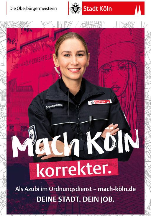 Eine Mitarbeiterin des Kölner Ordnungsamt und der Text "Mach Köln korrekter."