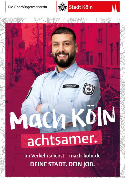 Ein Mitarbeiter der Stadt Köln und der Text "Mach Köln achtsamer".