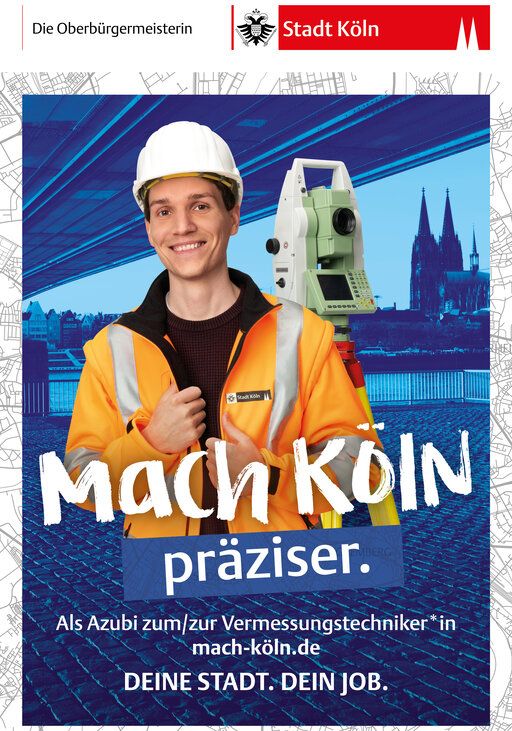 Ein Mitarbeiter der Stadt Köln und der Text "Mach Köln präziser".