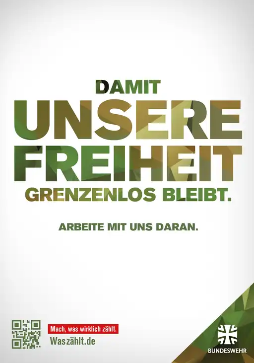 Text "Damit unsere Freiheit grenzenlos bleibt. Arbeit mit uns daran."