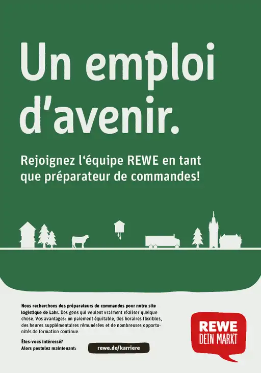Ein Rewe-Plakat mit französischem Text.