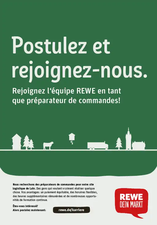 Ein Rewe-Plakat mit französischem Text.