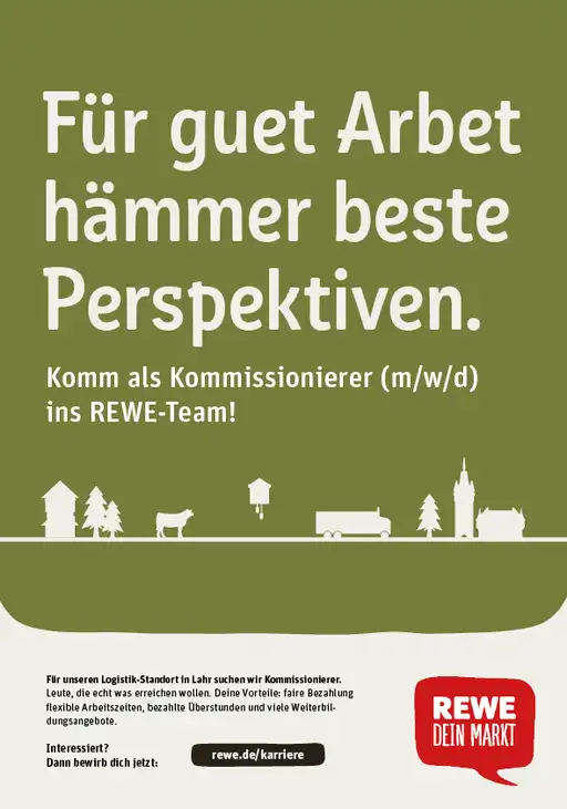 REWE-Plakat mit dem Spruch "Für guet Arbet hämmer beste Perspektiven."Lass ma schnacken."