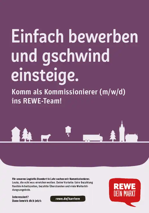 REWE-Plakat mit dem Spruch "Einfach bewerben und gschwind einsteige." Kasse? Lass ma schnacken."