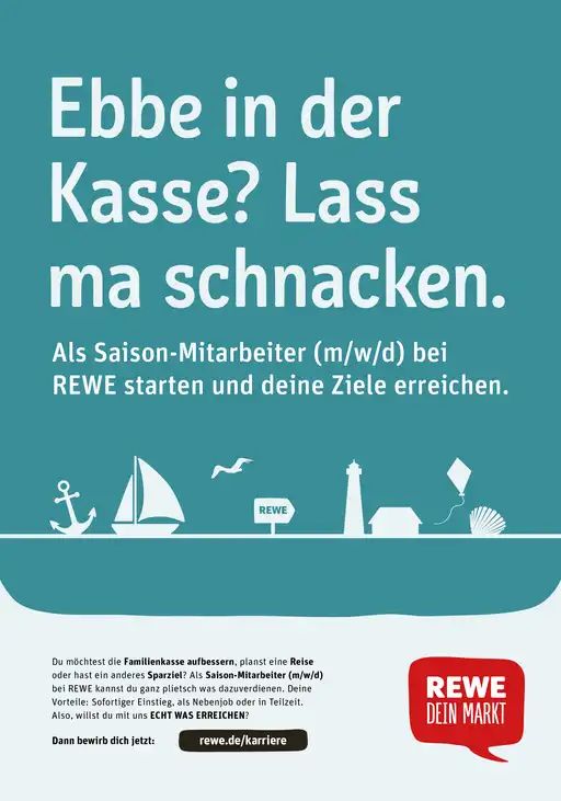 REWE-Plakat mit dem Spruch "Ebbe in der Kasse? Lass ma schnacken."