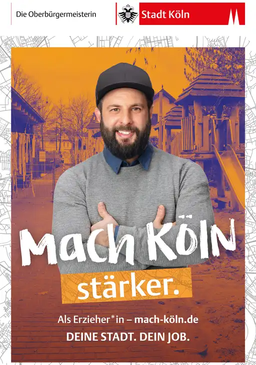 Ein Mitarbeiter der Stadt Köln und der Text "Mach Köln stärker".