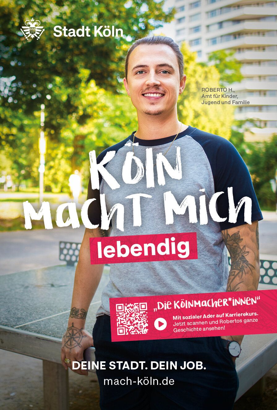 Ein junger Mann lehnt an einer Tischtennisplatte, im Hintergrund ist ein Hochhaus zu sehen. Dazu der Werbetext: Köln macht mich lebendig.