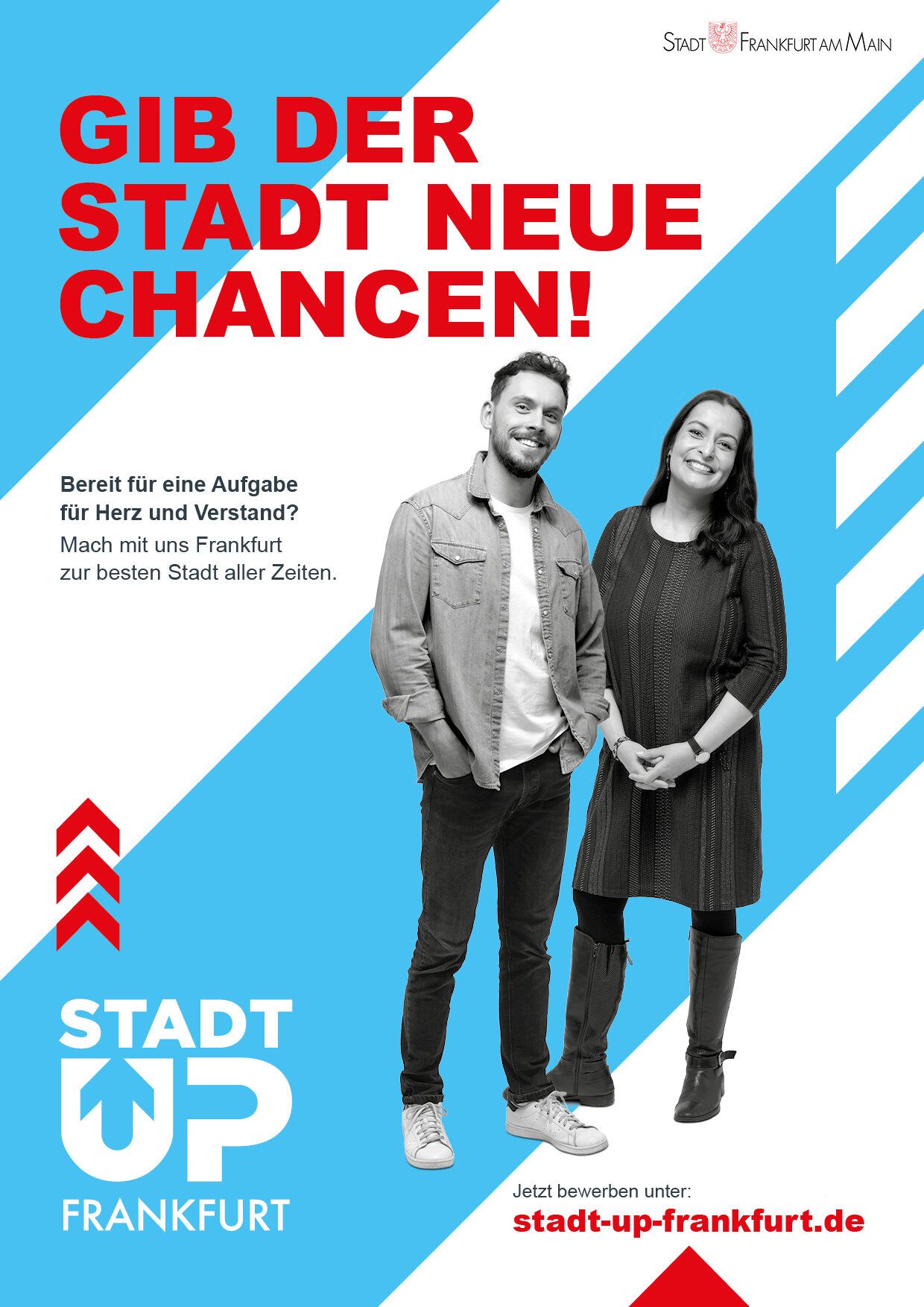 Plakat mit dem Text "Gib der Stadt neue Chancen!" und zwei Mitarbeitern der Stadt Frankfurt.