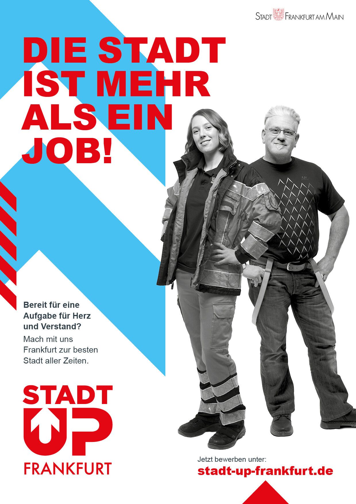 Plakat mit dem Text "Die Stadt ist mehr als ein Job."  und zwei Mitarbeitern der Stadt Frankfurt