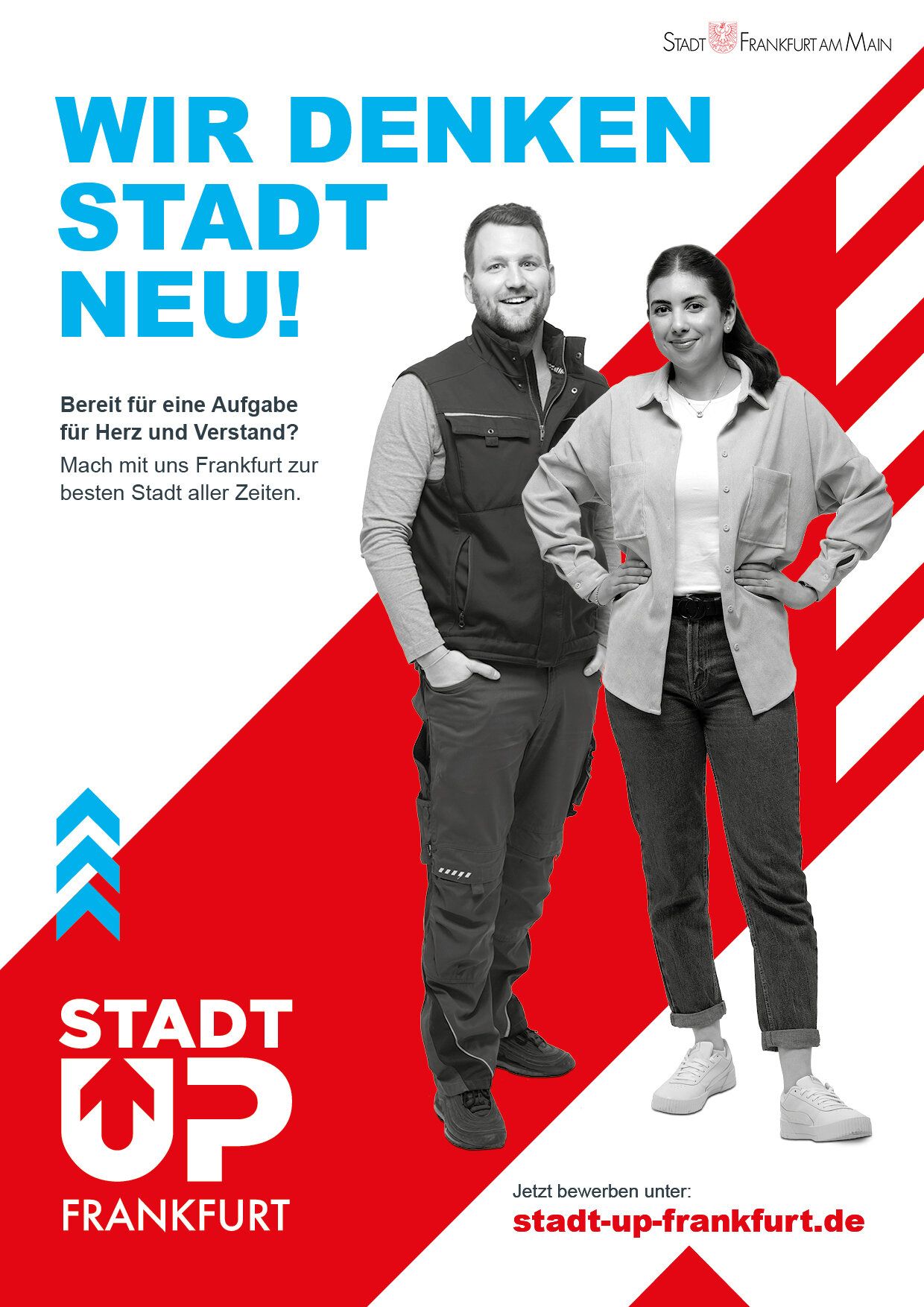 Plakat mit dem Text "'Wir denken Stadt neu!" und zwei Mitarbeitern der Stadt Frankfurt.