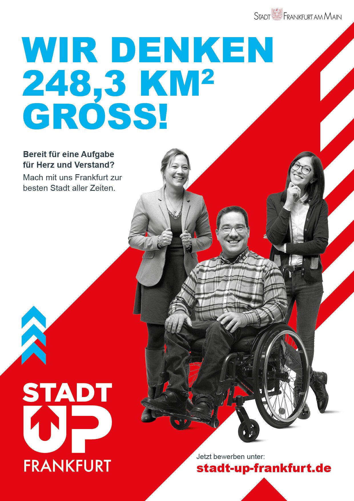 Plakat mit dem Text "Wir denken 248,3 qm gross!" und drei Mitarbeitern der Stadt Frankfurt